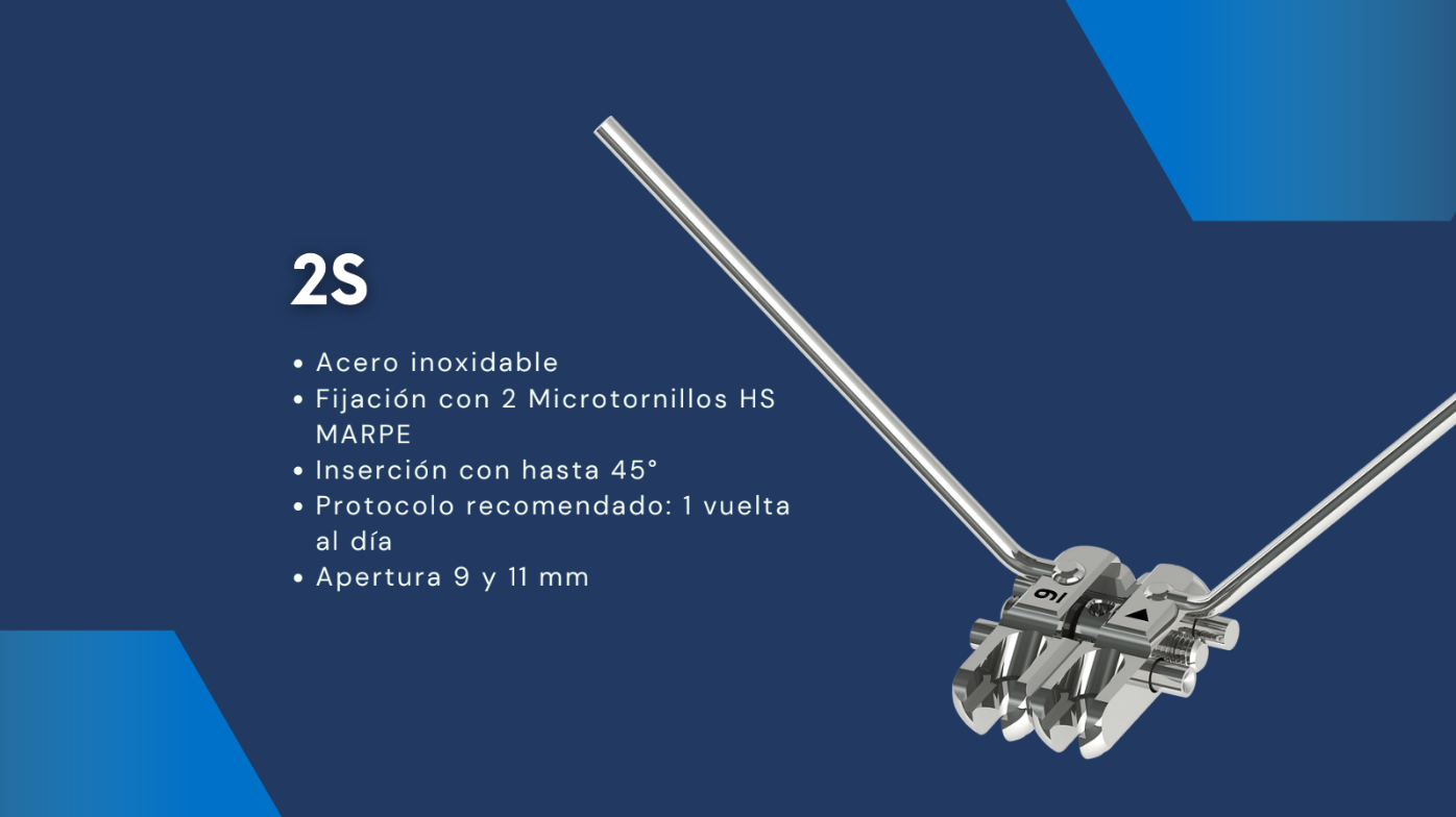 Disyuntor 2S, Acero inoxidable Fijación con 2 Microtornillos HS MARPE Inserción con hasta 45° Protocolo recomendado: 1 vuelta al día Apertura 9 y 11 mm