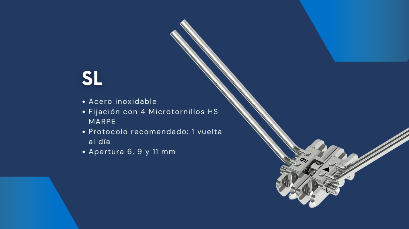 Disyuntor SL, Acero inoxidable Fijación con 4 Microtornillos HS MARPE Protocolo recomendado: 1 vuelta al día Apertura 6, 9 y 11 mm