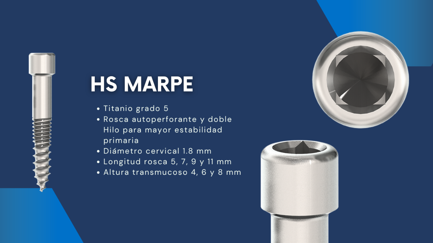 Mini Implante HS MARPE, Titanio grado 5 Rosca autoperforante y doble hilo para mayor estabilidad primaria Diámetro cervical 1.8 mm Longitud rosca 5, 7, 9 y 11 mm Altura transmucoso 4, 6 y 8 mm